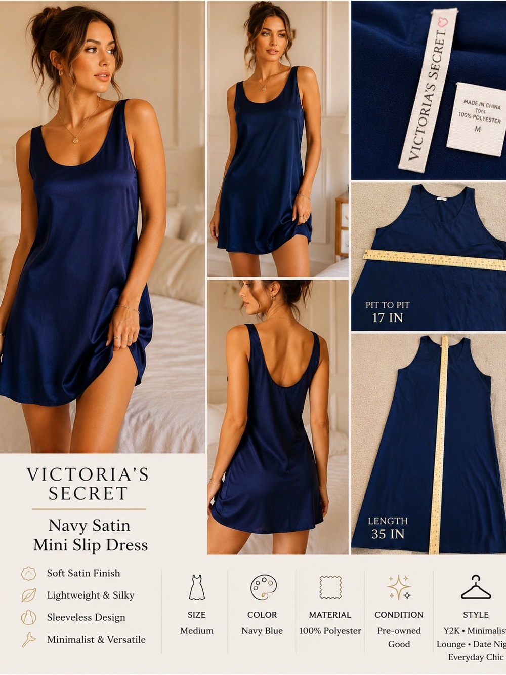 Victoria’s Secret Navy Satin Mini Slip Dress Medium Sleeveless Y2K Minimalist